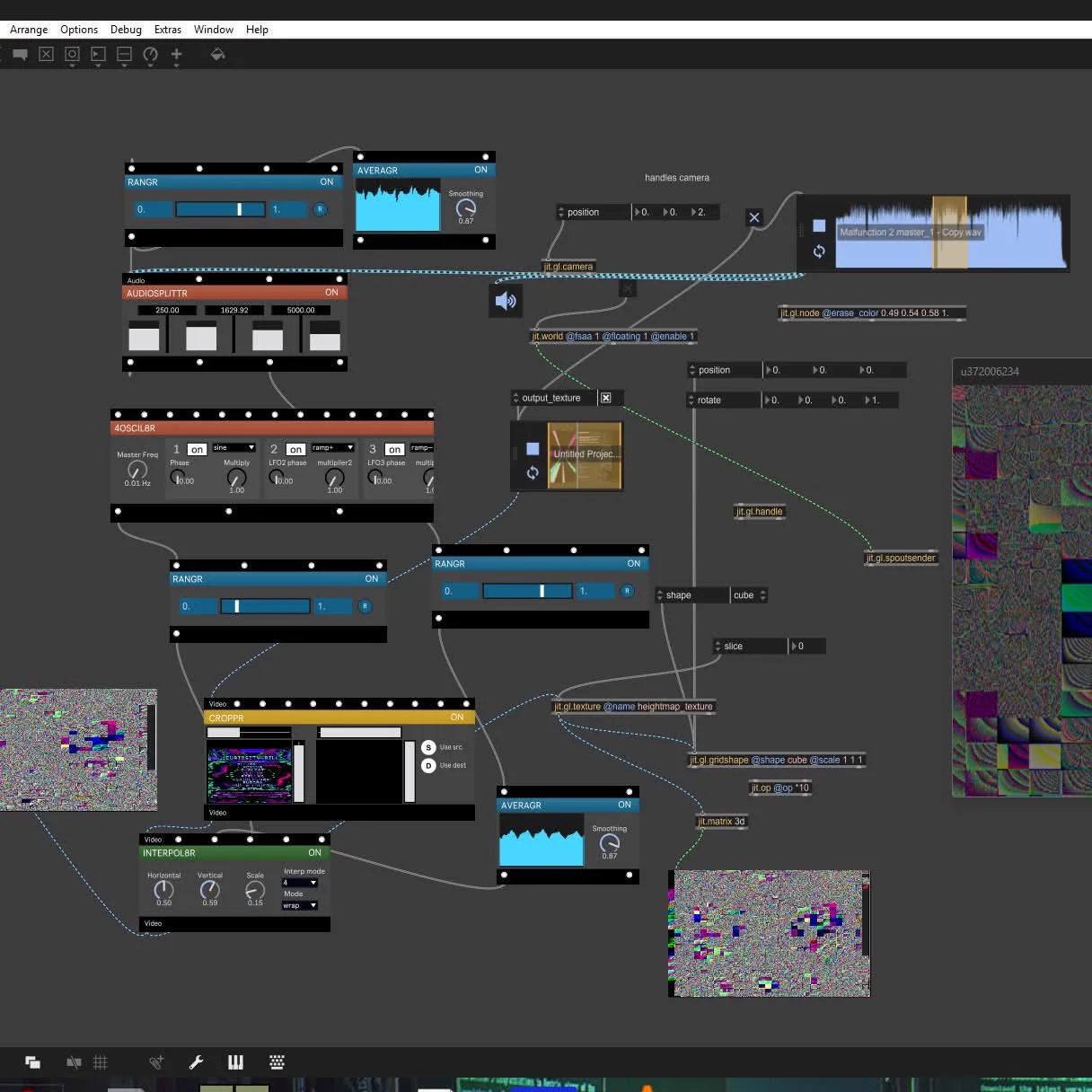 A Max patch: blue, red and yellow Vizzie modules wired together, with small glitchy video previews and a waveform of an audio file