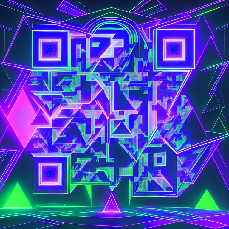 Neon purple and green geometric artwork built around the three square corner markers of a QR code