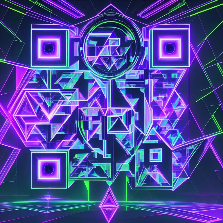 Violet and green neon prisms and triangles arranged around the corner markers of a QR code