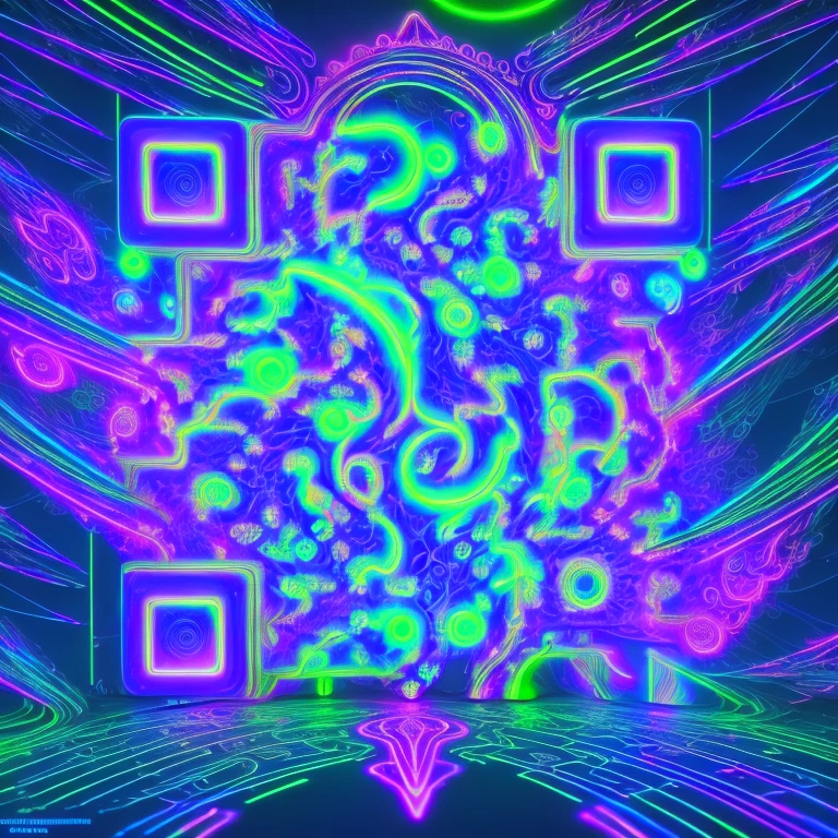 Glowing green and violet swirls and neon lines forming a QR code, with three square corner markers