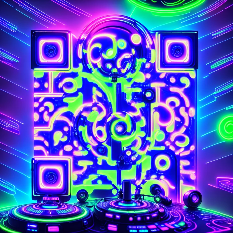 Neon DJ decks in front of a glowing purple and green QR code made of speaker cones and swirls