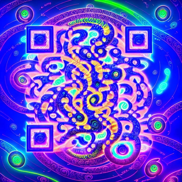Blue and pink serpents and eye patterns woven around the three corner markers of a QR code
