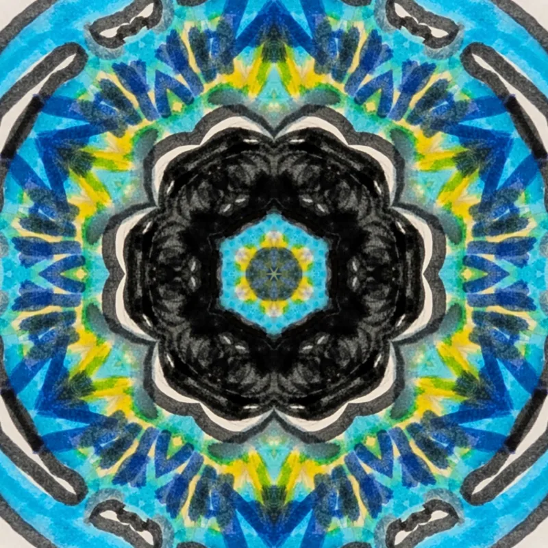 A kaleidoscope of the eye drawing: a black flower shape around a small blue and yellow star, ringed by blue rays