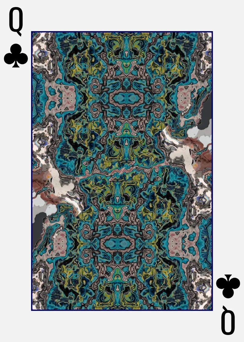 A playing card, the queen of clubs, filled with a mirrored pattern of teal, yellow and pink shapes