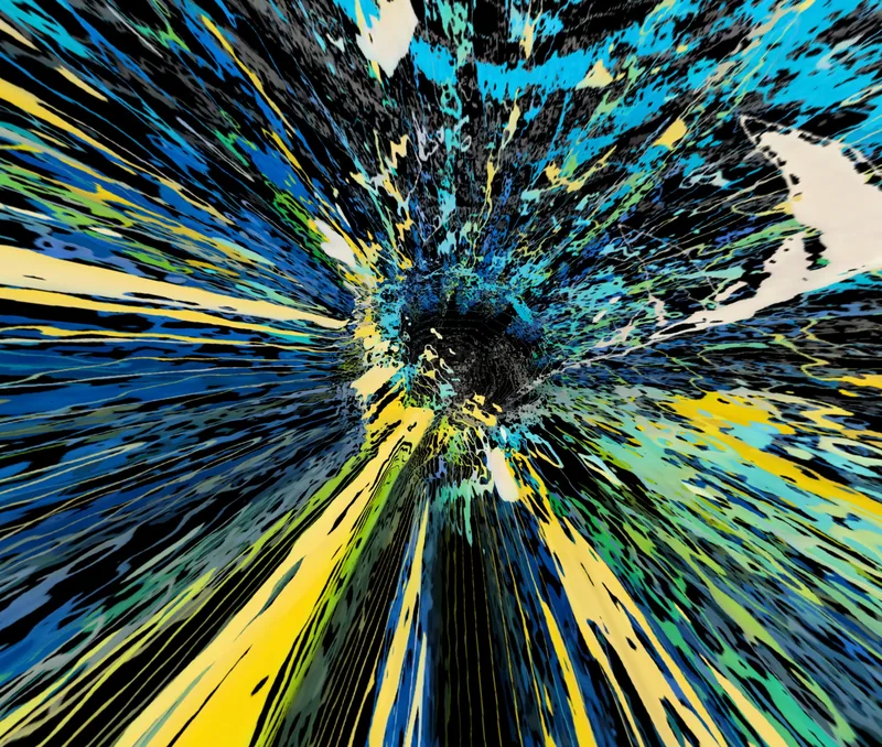 Streaks of yellow, blue and black rushing towards a dark centre, like flying into a tunnel