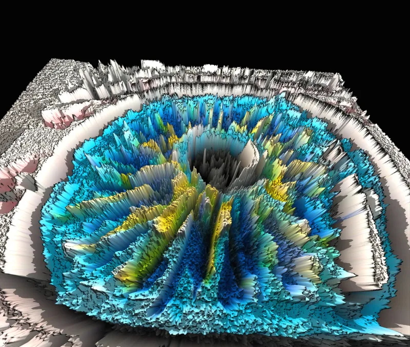 The eye drawing raised into a jagged 3D landscape: blue and yellow ridges radiating from a dark crater, inside a white rim
