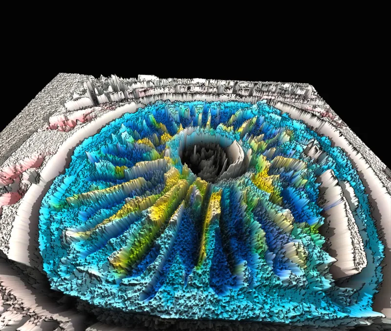 A second view of the eye as a 3D landscape, blue and yellow ridges around a dark crater