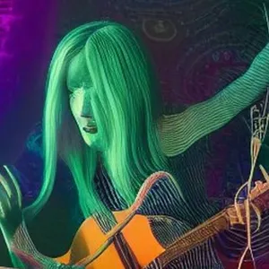 The Accina mascot: a green-haired figure playing guitar