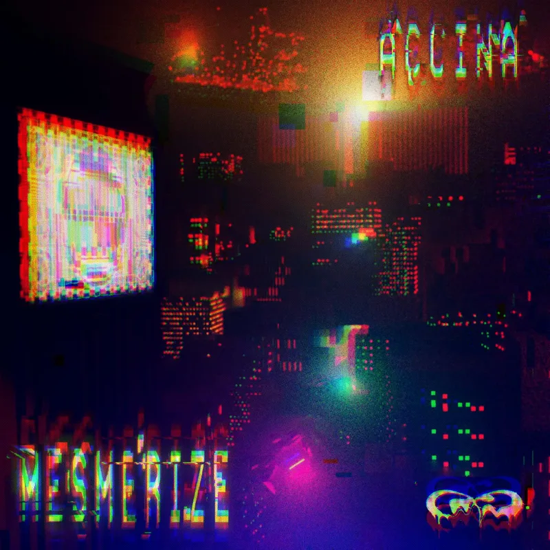 Cover of the Mesmerize EP: a glitched, halftoned photo of a dark room lit by a screen