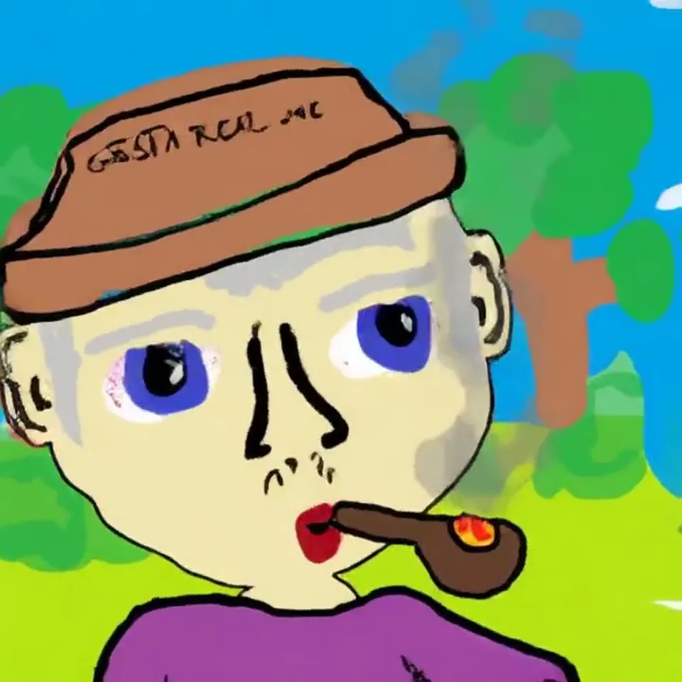 Hand-drawn cartoon of a man in a brown cap with a pipe, against bright green and blue