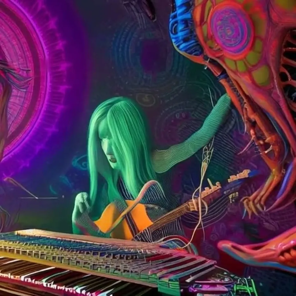 The Accina mascot: a green-haired figure playing guitar among neon creatures