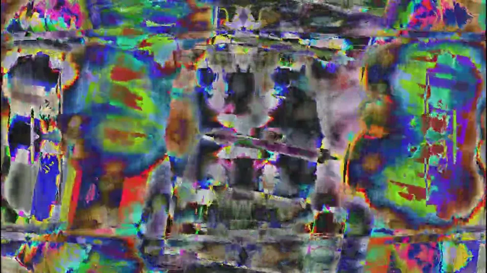 Mirrored glitch pattern in saturated green, purple and orange