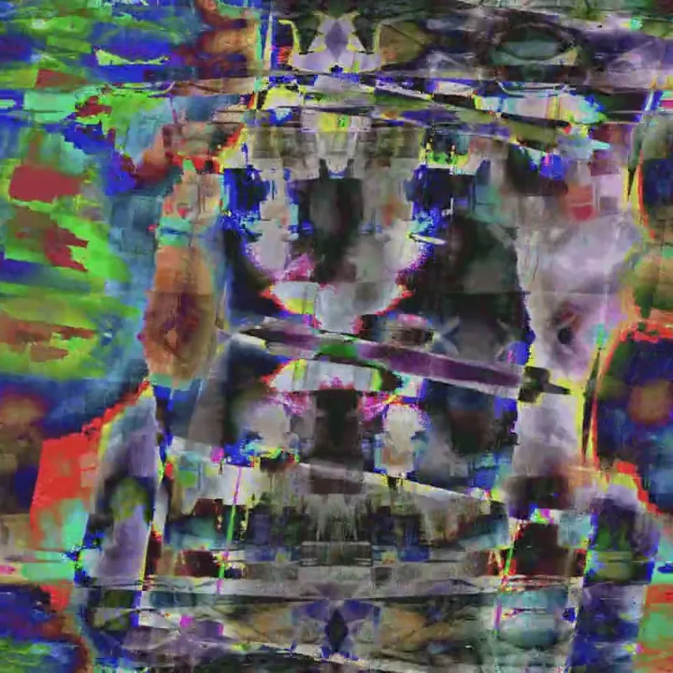 Square mirrored glitch pattern in green, purple and orange