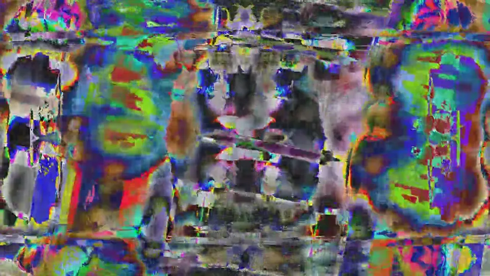 Mirrored, heavily glitched colour patches in green, purple and orange