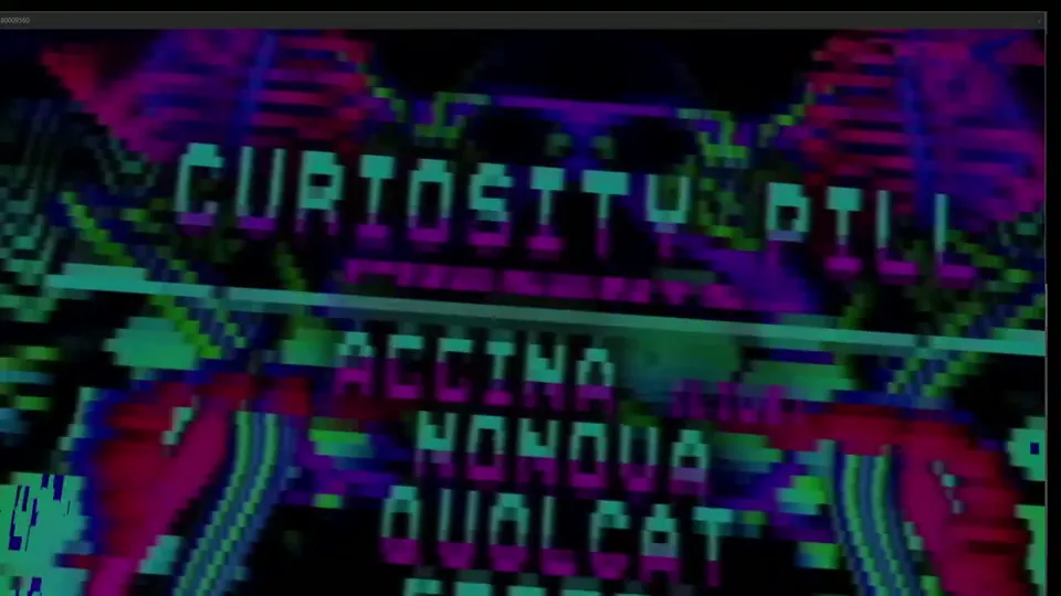Glitched pixel lettering listing the Curiosity Pill lineup, with Accina at the top